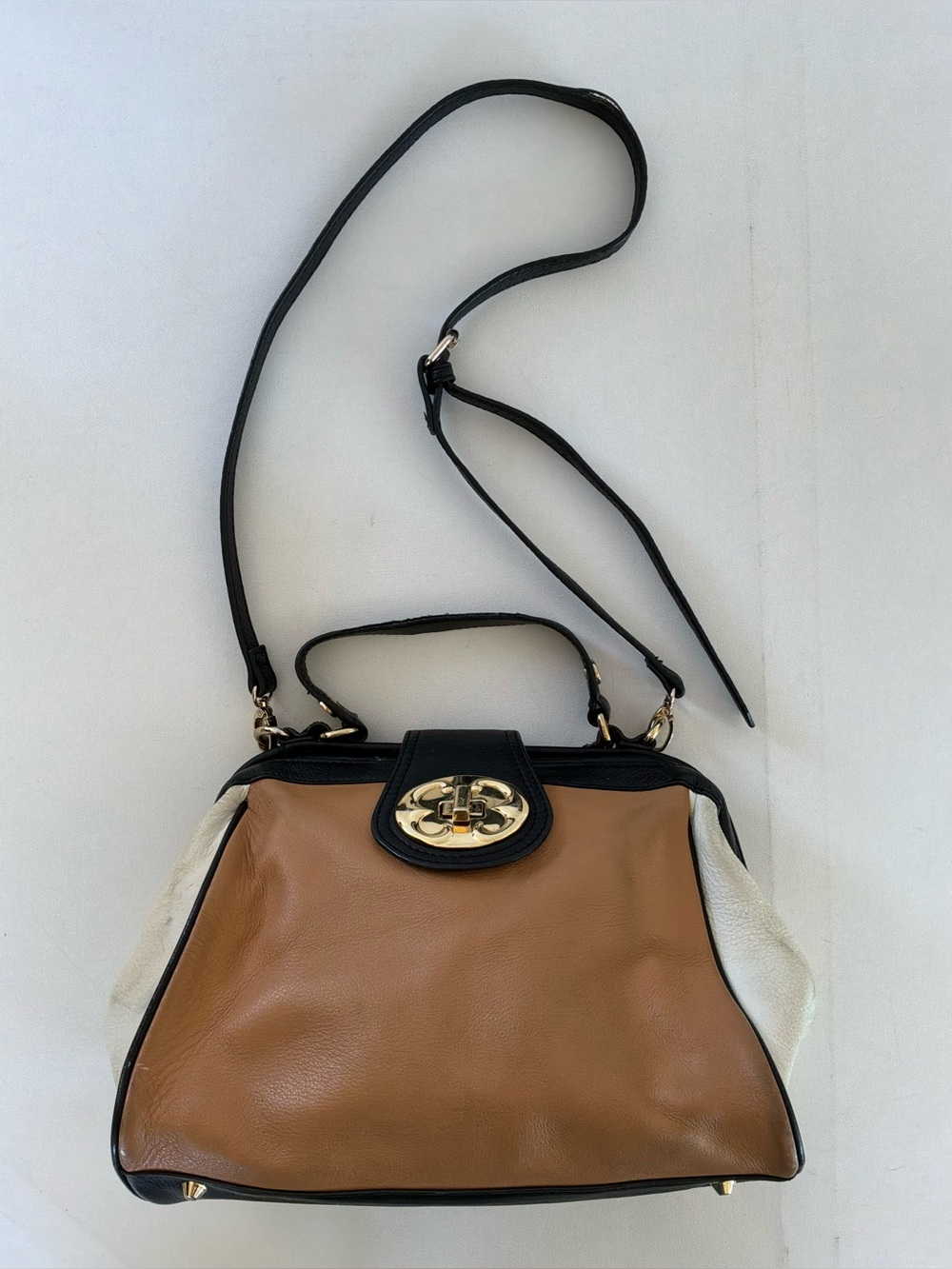 Emma Fox Doctor Bag Leather Satchel Crossbody Tan Black Frame Handbag